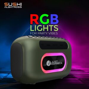 JC Sushi Albatross | Wireless Speaker | 20W | BT V5.0 | RGB Light |1800mAh Battery 25Hrs Playtime | Splash Proof | Sleek Design | Voice Recording | FM,USB & Micro SD | Type-C Fast Charge (Olive Green)