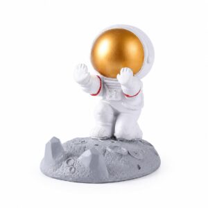 WrappedRibbon Astronaut Mobile Holder Push Silver | Space Theme Phone Stand for Desk & Table | Cute 3D Spaceman Smartphone Bracket | Decor Gift for Home Office (Push-Gold) (Push Edition (Gold))