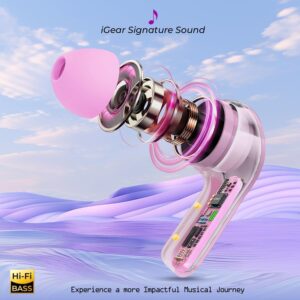 Wireless Ultrapods Earbuds - TWS Bluetooth 5.3 Earphones with Transparent Charging Case - LED Digital Display & Built-in Mic - Crystal Clear Aesthetic Earbuds for I Phone, Android & Gaming (Pink)