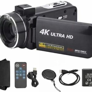 Digital 4K Video Camera Camcorder, 30MP with 16X Zoom, 3.0-Inch IPS Touch Screen, Wi-Fi, Night Vision, 32GB Storage, Remote Control for YouTube Vlogging, Black