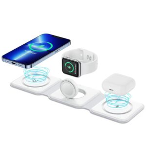 3 in 1 MagSafe compatible Magnetic Foldable Wireless Charger for iPhone 17 to 12 Series | Compatible with AirPods 2/3, Pro2, Pro3 | Compatible with only Apple Watch Series | 23W Charging - Pearl White