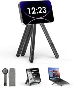 Magnetic Phone Tripod Stand, 3-in-1 Adjustable Holder for iPhone iPad Laptop, 8-Level Height & Angle, Portable Aluminum Alloy Desktop Stand, Compatible with 4-13” iPhone, 10-16” Laptops & Tablets